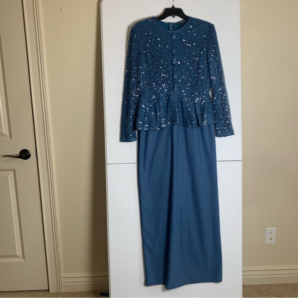Modest Evening Dress Teal Blue long sleeve Stretch Sequins belt Sz 44 (Turkey) - Picture 3 of 17